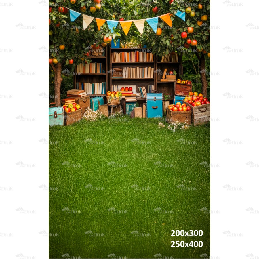 Tło fotograficzne – plenerowa biblioteka z książkami, jabłkami i walizkami | 3712